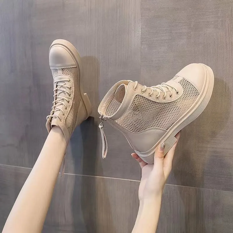 Mesh Martin Boots for Women  Spring New British Style Mesh Martin Boots Platform Ankle Boots Hollow Leather Boots for Women