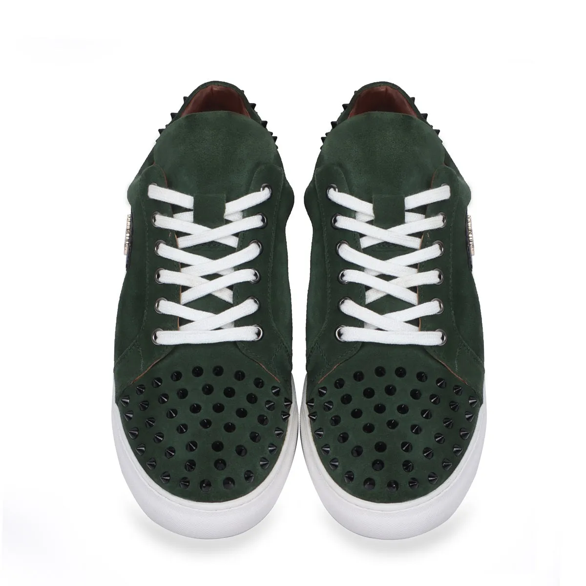 Studded Green Suede Leather Lace-Up Sneakers with Metal Lion logo on Quarter by Brune & Bareskin
